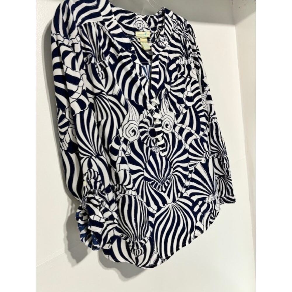 Caribbean Joe L Navy White Seashell Print Roll Tab Blouse Coastal Resort Beach - Picture 3 of 7
